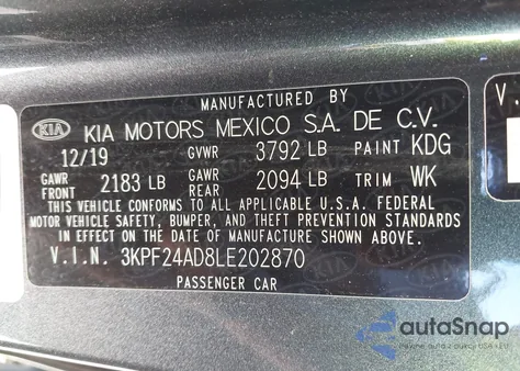 2020 Kia Forte Lxs from USA, damaged, VIN 3KPF24AD8LE202870
